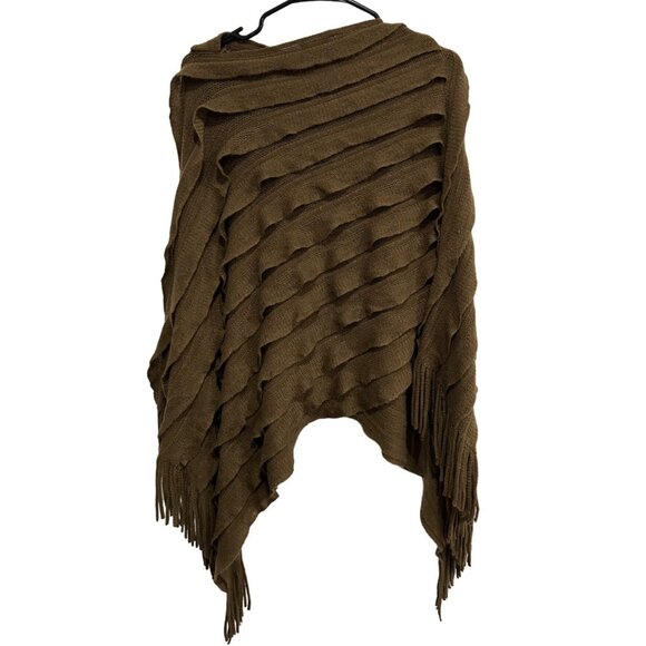 Max Edition Ribbed Layered Fringe Knit Brown Poncho Wrap One Size - Picture 2 of 8